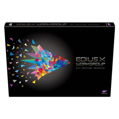 Grass Valley EDIUS X Workgroup upgrade box for video editing from Workgroup 9, featuring product packaging and branding.