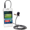 Azden i-Coustics EX-503i lavalier microphone for smartphones and tablets, with clip and cable visible on a plain background.