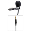 Azden i-Coustics EX-503i lavalier microphone connected to a smartphone, showing compact design for mobile audio recording.