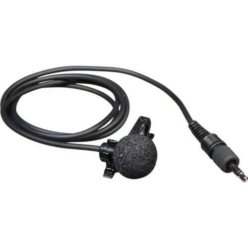 Azden EX-503L omni-directional lavalier microphone clipped to clothing for clear audio recording. – image 1