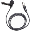 Azden EX-50H omni-directional lapel microphone with clip, designed for clear audio capture in interviews and broadcasts.