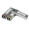 AJA 3G-SDI Single Mode LC Fiber Transmitter SFP optical module with a compact design and fiber optic connectors.