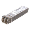 AJA Single 3G-SDI Multi-Mode LC Fiber SFP optical transmitter module with fiber optic cable connection.