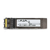 AJA 2-Channel 12G-SDI single mode LC fiber SFP optical transmitter module with fiber cable connection.