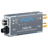 AJA FiDO-TR-MM single channel 3G-SDI to LC multi-mode fiber transceiver with metal housing and ports visible.