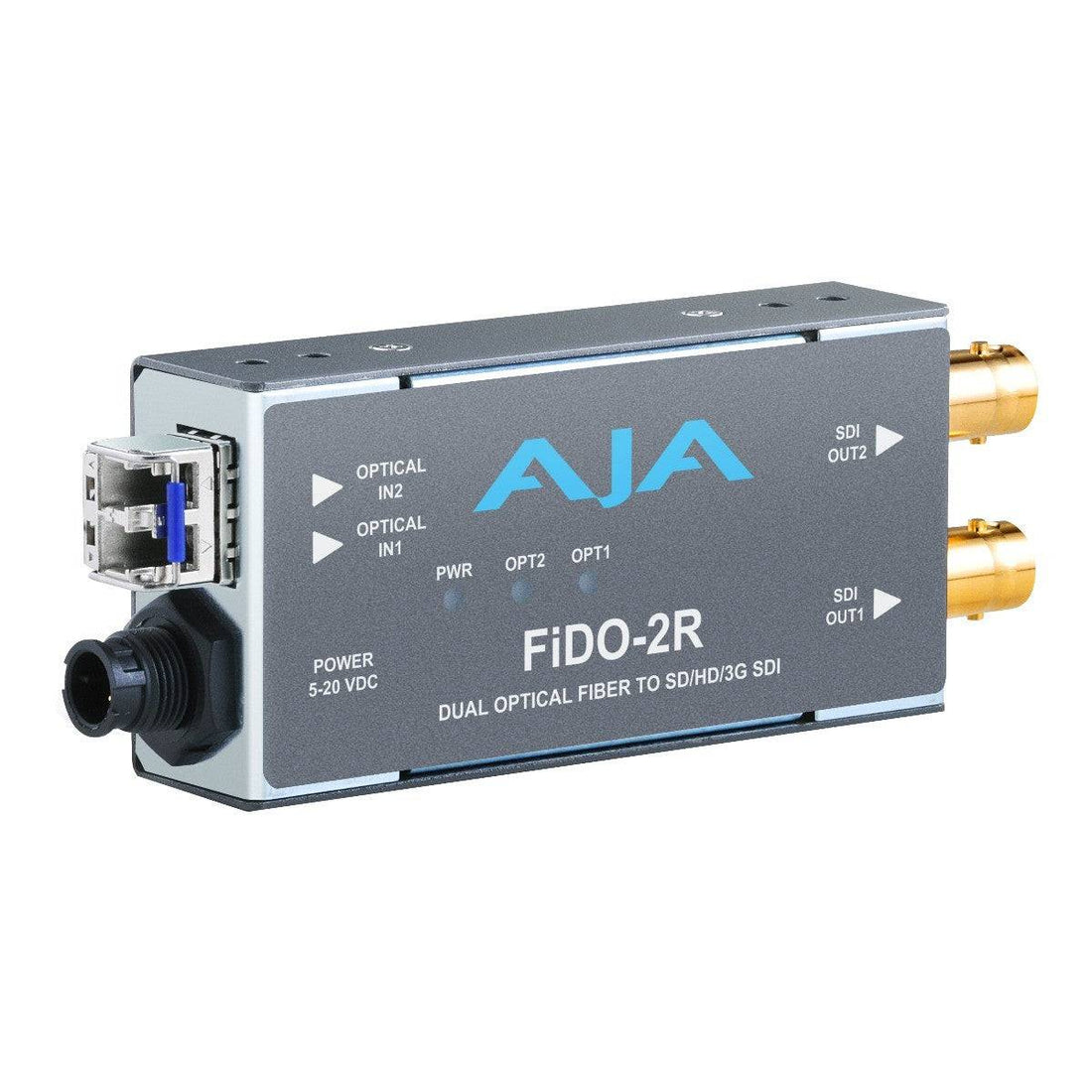 AJA FiDO-2R dual-channel fiber to 3G-SDI receiver with LC connectors, compact video converter device on a neutral background. – image 1