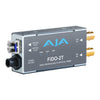 AJA FiDO-2T dual-channel 3G-SDI to LC fiber video converter showing its compact device with connectors and LED indicators.