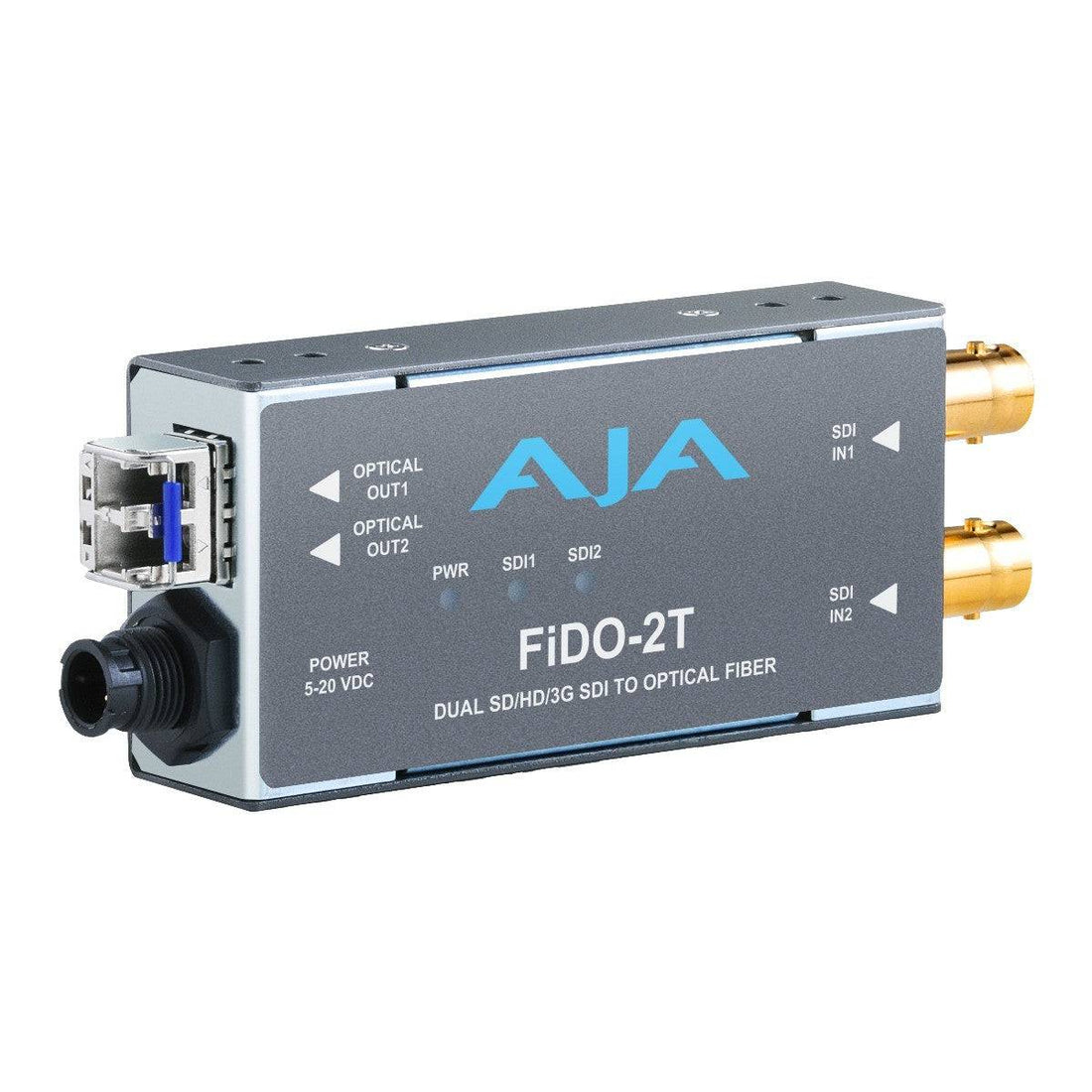 AJA FiDO-2T dual-channel 3G-SDI to LC fiber video converter showing its compact device with connectors and LED indicators. – image 1