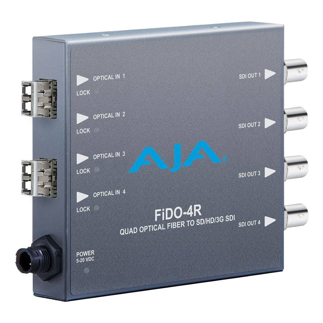 AJA FiDO-4R-MM quad-channel multi-mode LC fiber to 3G-SDI video converter connected to fiber optic cables and SDI equipment. – image 1