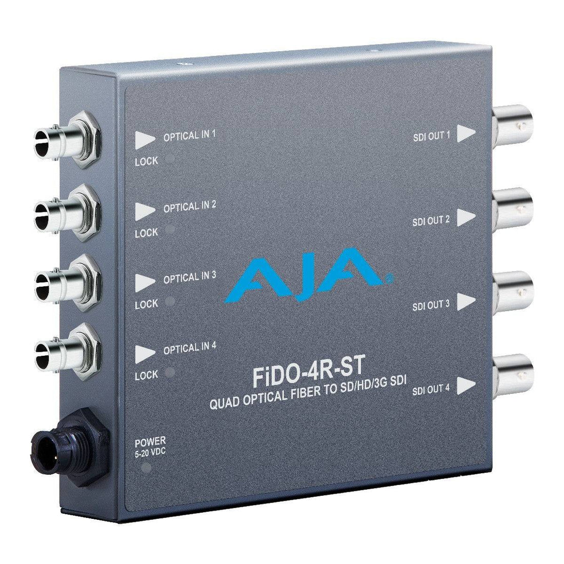 AJA FiDO-4R-ST quad-channel ST fiber to 3G-SDI mini video converter with multiple fiber and SDI ports. – image 1