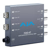 AJA FiDO-4T-MM quad-channel 3G-SDI to multi-mode LC fiber video converter with connectors visible.