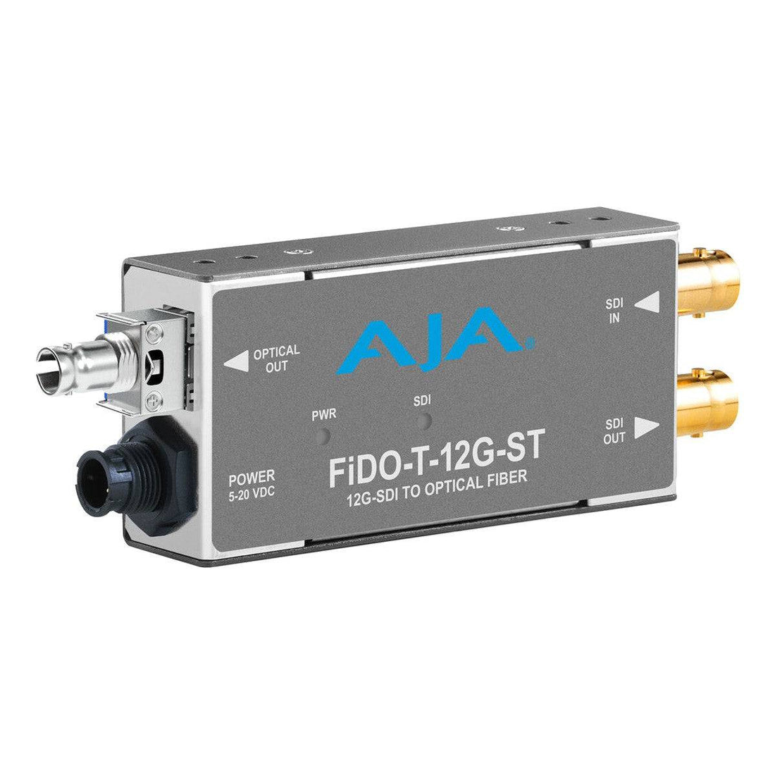 AJA FiDO-T-12G-ST single channel 12G-SDI to ST fiber video converter transmitter showing the device and fiber optic connection port. – image 1