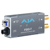 AJA FiDO-T single channel 3G-SDI to LC fiber video converter with green circuit board and input/output ports visible.