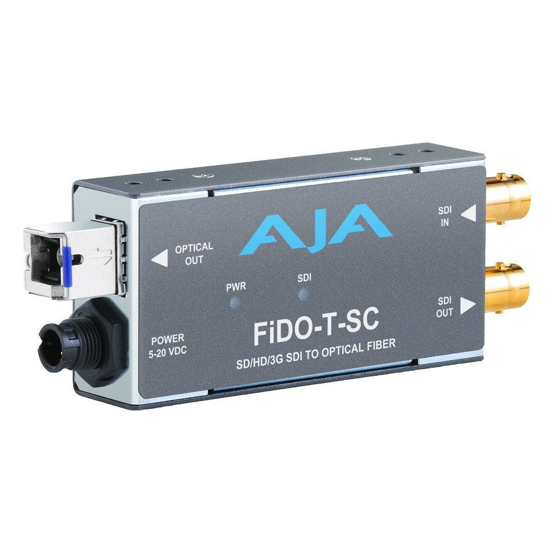 AJA FiDO-T-SC single-channel 3G-SDI to SC fiber video converter transmitter showing front panel with ports and indicators. – image 1