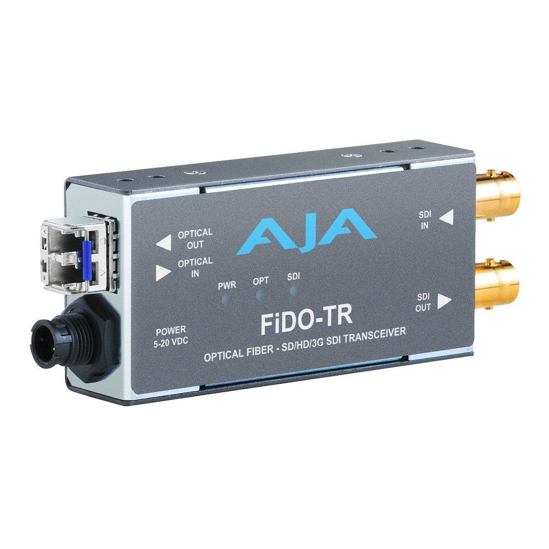 AJA FiDO-TR single channel 3G-SDI to LC fiber transceiver for video conversion, with compact design and port connections visible. – image 1