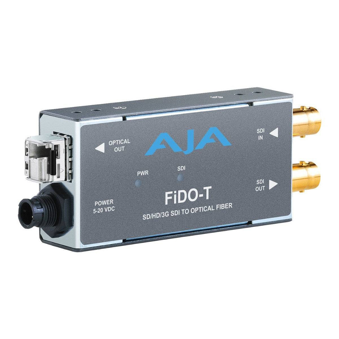 AJA FiDO-T-MM single-channel 3G-SDI to multi-mode LC fiber video converter device with ports and indicator lights. – image 1