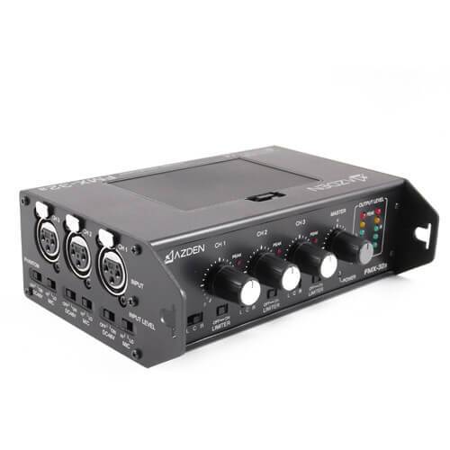 Azden FMX-32A 3-channel portable field audio mixer with multiple input channels and control knobs, front view image. – image 2