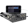 Azden FMX-42u 4-channel audio mixer with USB digital output, shown connected to a smartphone for portable audio recording.