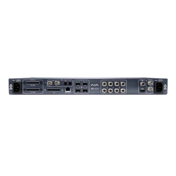 AJA FS-HDR HDR/WCG 4K video converter and frame synchronizer device shown from the back, featuring multiple input/output ports and controls. – image 2