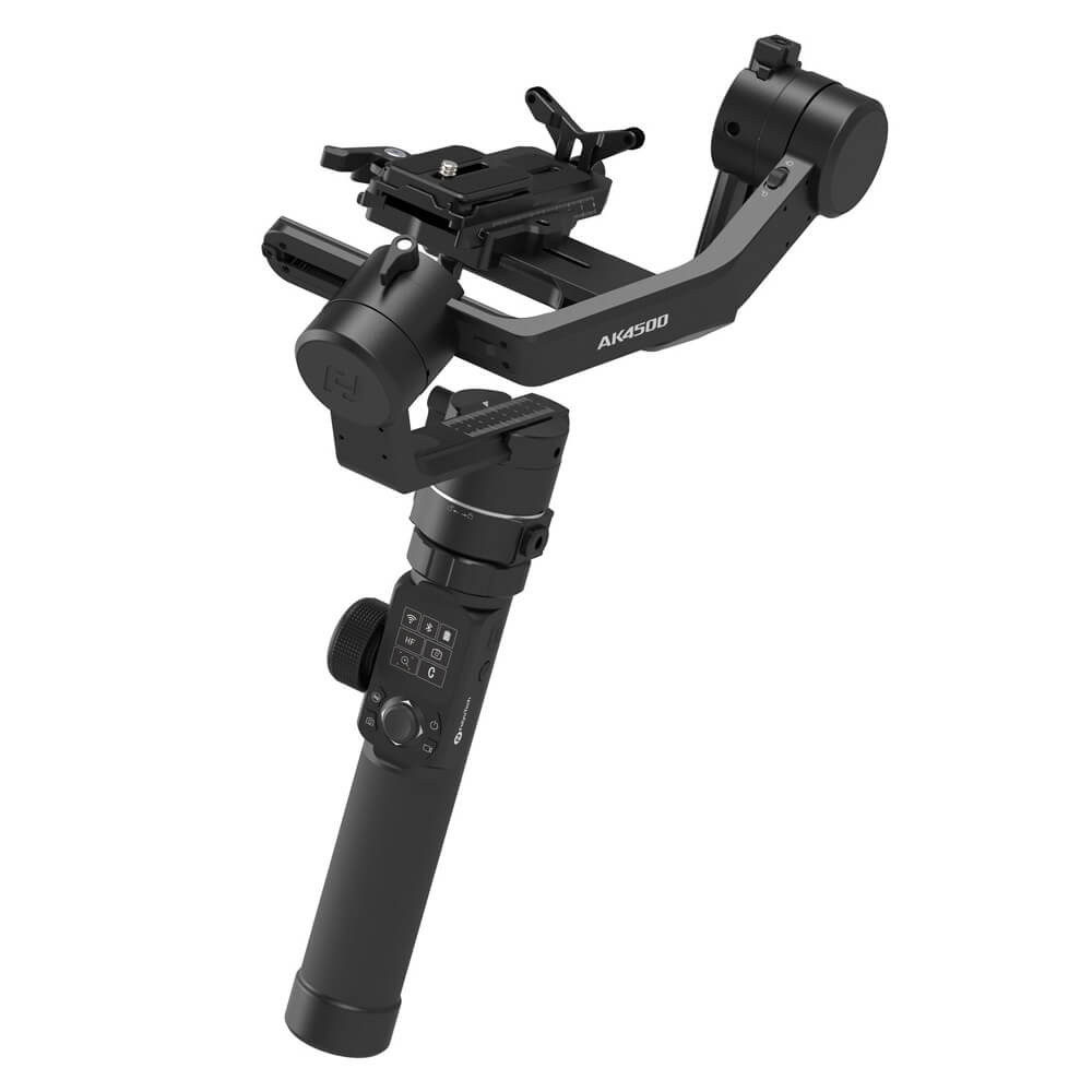 Feiyu AK4500 3-axis handheld gimbal stabilizer essentials kit for video cameras, with camera mounted on the stabilizer. – image 2