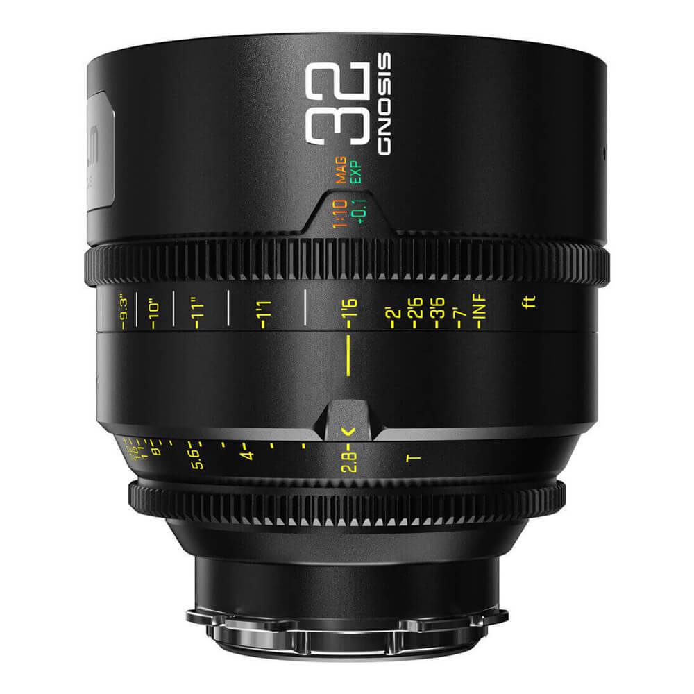 DZOFilm Gnosis 32mm T2.8 macro prime lens with LPL, PL, and EF mounts, shown from the top view highlighting lens details. – image 1