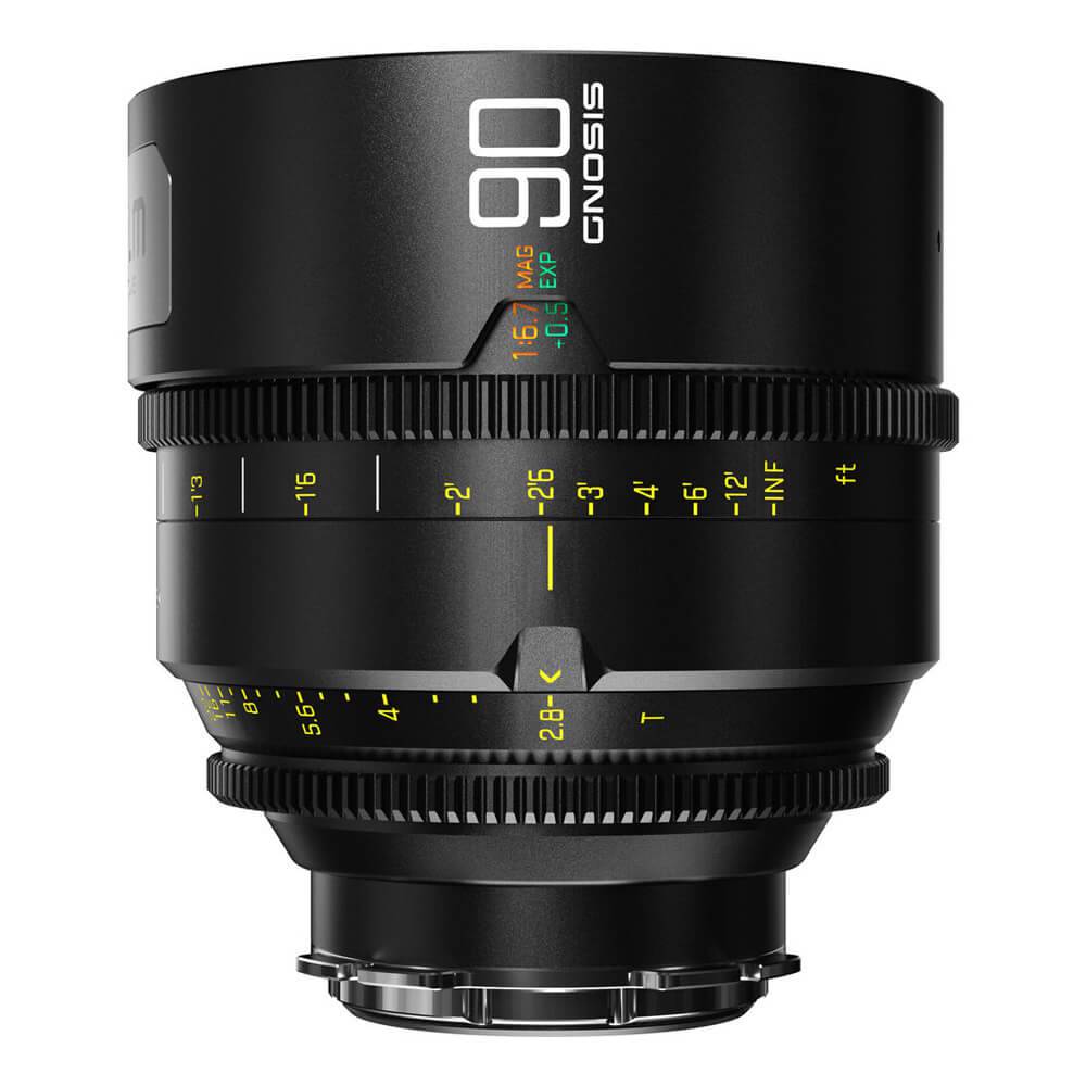 DZOFilm Gnosis 90mm T2.8 macro prime lens with LPL, PL, and EF mounts, shown from the front highlighting lens elements and build. – image 1