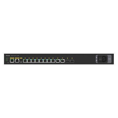 Netgear M4250 8-Port Gigabit PoE+ managed switch with power connections, showcasing back panel and port configuration.