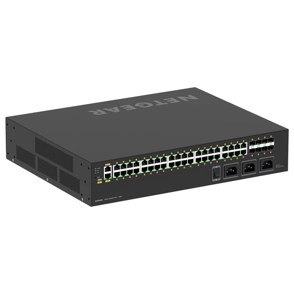 Top view of Netgear AV Line M4250 GSM4248UX managed switch with 48 gigabit PoE++ ports and network status indicators. – image 1