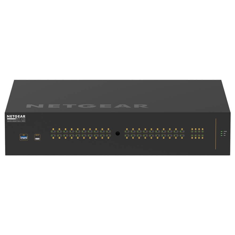 Netgear AV Line M4250 GSM4248UX managed switch with 48 Gigabit ports and PoE++ capability, front view of the switch. – image 3