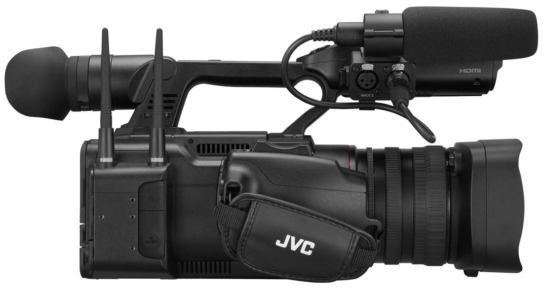 JVC GY-HC550 handheld 4K broadcast camcorder shown from side angle with camera lens and professional controls visible – image 5