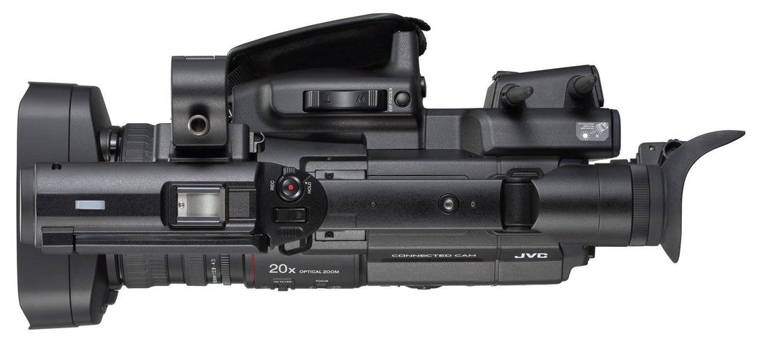 JVC GY-HC550 handheld 4K broadcast camcorder with lens and control buttons visible on top. – image 6