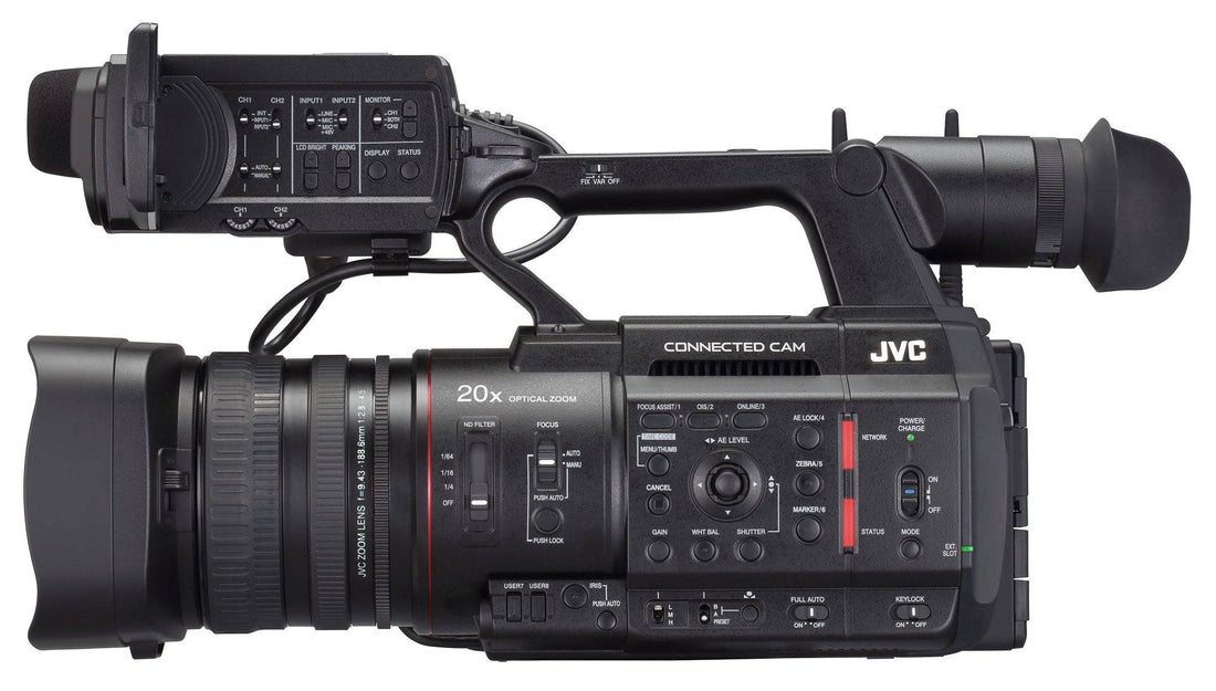 JVC GY-HC550 handheld 4K broadcast camcorder viewed from the left, showing its professional design and controls. – image 7