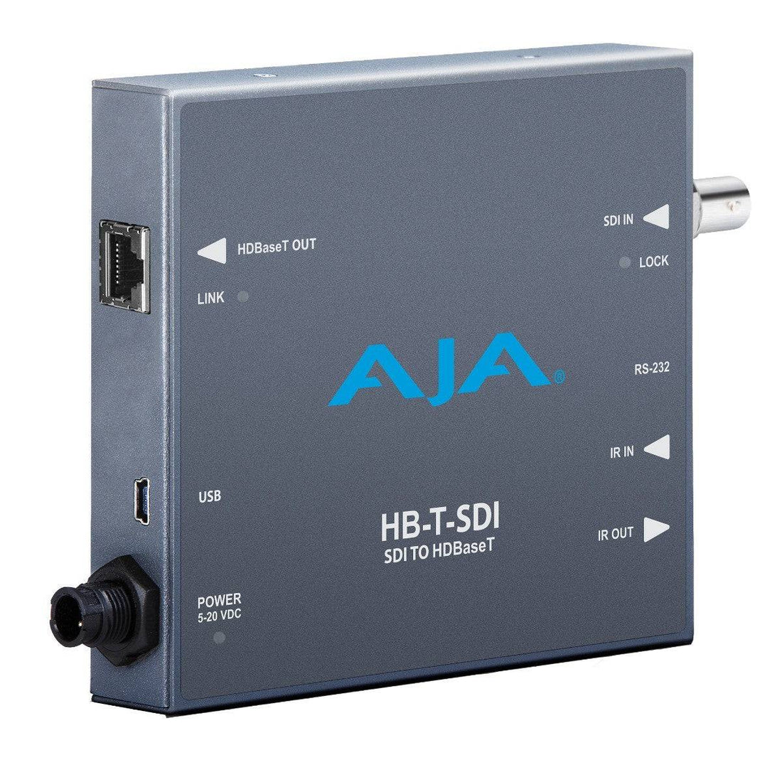 AJA SDI to HDBaseT video converter transmitter showing SDI input port and HDBaseT output port on the side. – image 1
