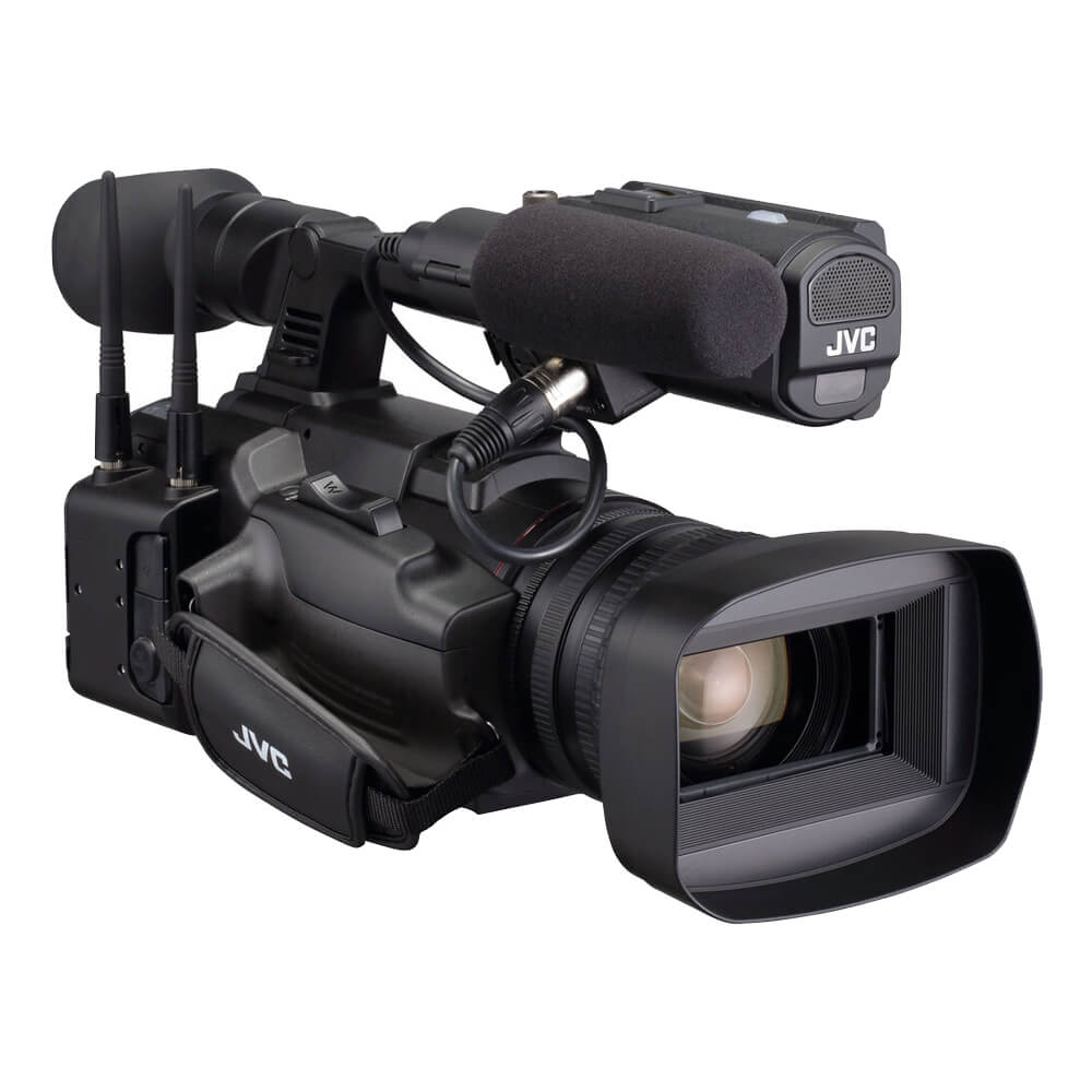 JVC GY-HC550UN 4K NDI professional camcorder front view showing lens, handle, and control buttons. – image 2