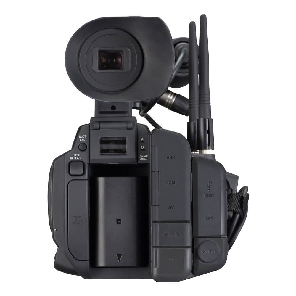 Rear view of JVC GY-HC550UN Connected Cam 4K NDI professional camcorder showing ports and controls. – image 5