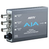 AJA HD10AVA analog video and audio to SD/HD-SDI mini-converter device with input and output ports visible.