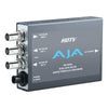 AJA HD10CEA SD/HD-SDI to analog audio and video mini-converter showing front view with ports and labels.