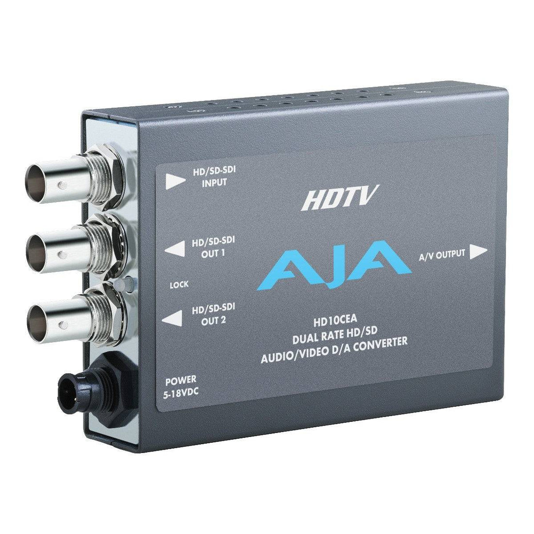 AJA HD10CEA SD/HD-SDI to analog audio and video mini-converter showing front view with ports and labels. – image 1
