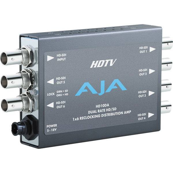 AJA HD10DA 1x6 HD/SD-SDI Re-Clocking Distribution Amplifier showing multiple SDI outputs on a professional video converter. – image 1