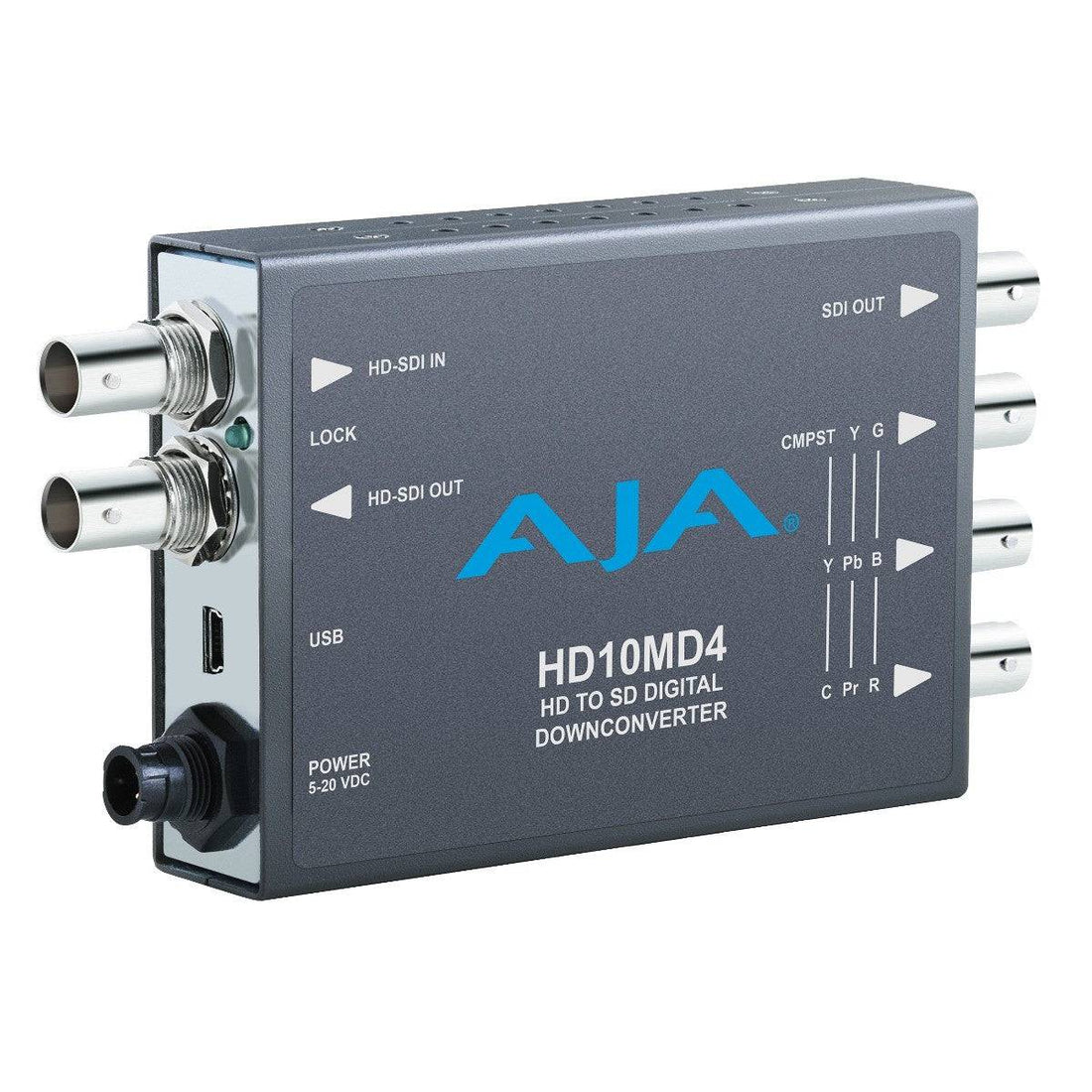 AJA HD10MD4 HD-SDI to SD-SDI digital and analog down-converter showing the device with input and output ports on a white background. – image 1