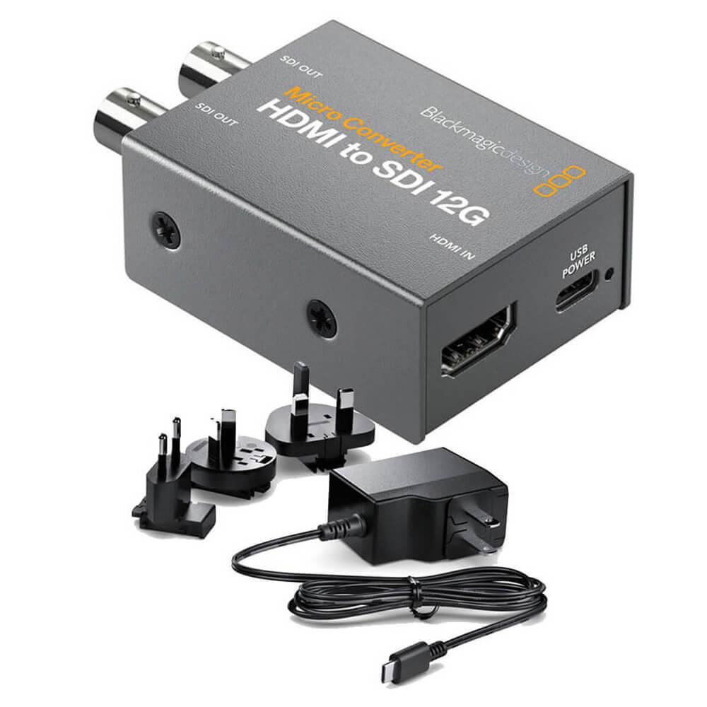 Blackmagic Design HDMI to SDI 12G micro video converter with power supply, compact device for professional video signal conversion. – image 1