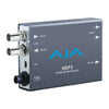 AJA HDP3 3G-SDI to DVI-D and audio converter demonstrating the device with cables connected for video and audio signal conversion.