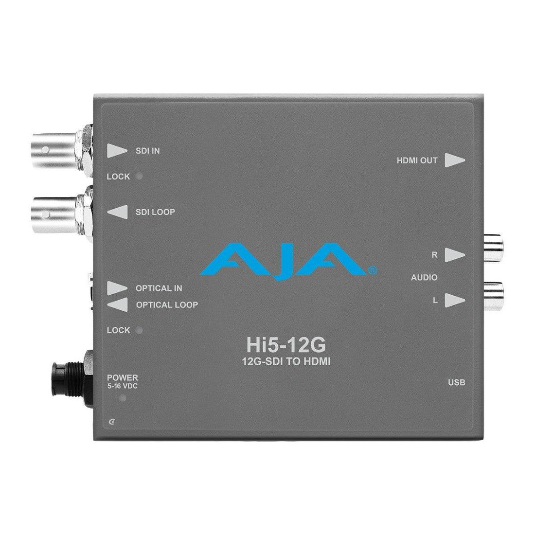 AJA Hi5-12G 12G-SDI to HDMI 2.0 video converter displaying connected SDI input and HDMI output ports on the device – image 1