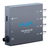 AJA Hi5-4K-Plus quad 3G-SDI to HDMI 2.0 video converter connected to professional broadcast equipment.