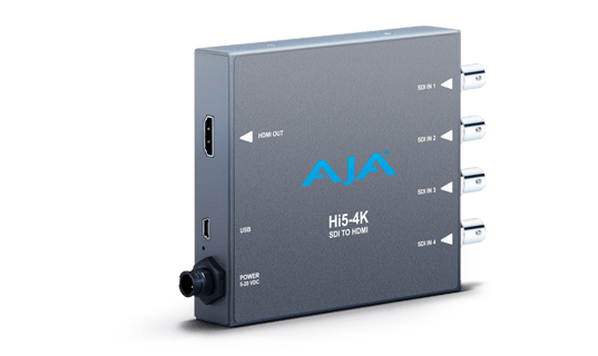 AJA Hi5-4K SDI to HDMI video converter device with ports on front and back for professional signal conversion. – image 1
