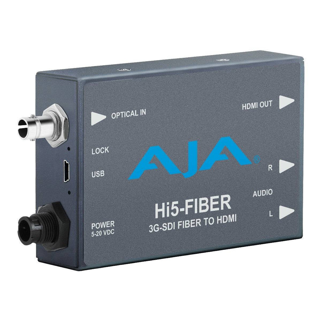 AJA Hi5 Fiber HD/SD-SDI to HDMI mini-converter connected to a video setup, showcasing compact design and connection ports. – image 1