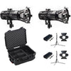 Hive Lighting Hornet 200-C LED flood light kit with two lights, stands, and custom foam case for production lighting setups.