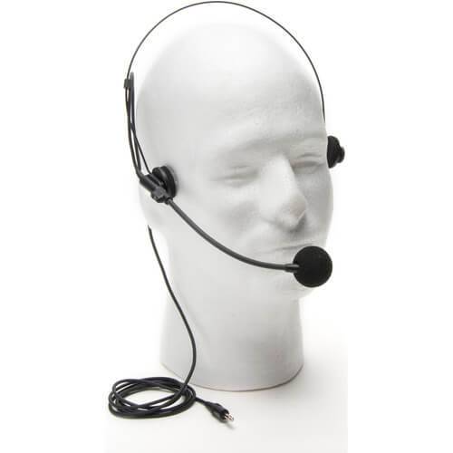 Azden HS-11 unidirectional headworn microphone worn on a person's head, showcasing its lightweight design and microphone capsule. – image 2