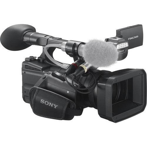 Sony HXR-NX5R professional camcorder with 40x zoom and built-in wireless, front view showing lens and control panel. – image 2