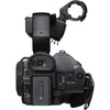 Sony HXR-NX80 4K NXCAM camcorder showing rear view with HDMI and battery port, featuring HDR and Fast Hybrid autofocus.